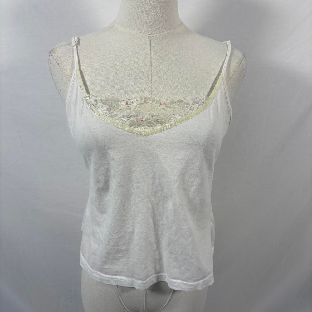 Girl Krazy white cami top lace trim sequins size large y2k fairy coquette dainty